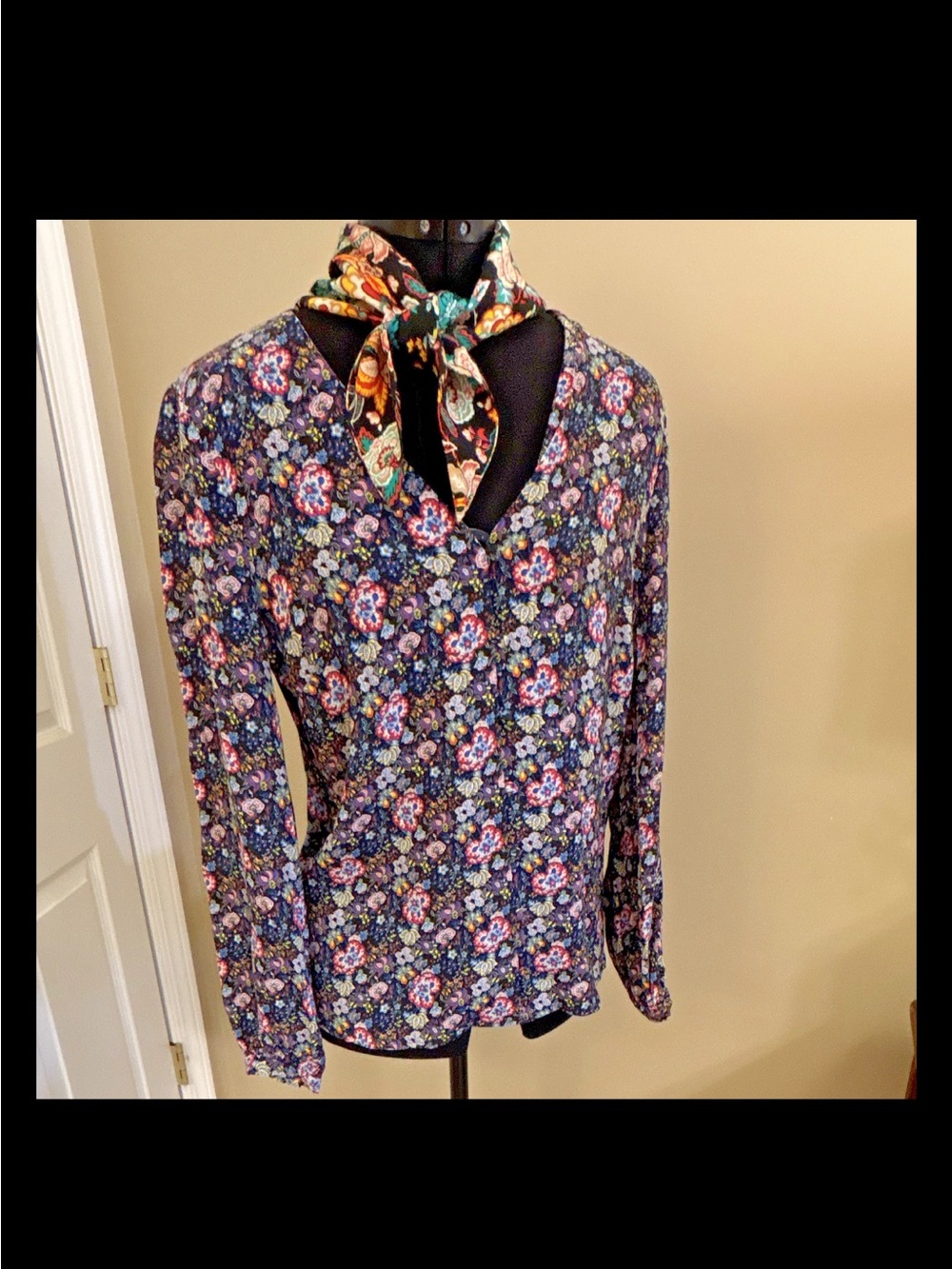 FRAME Floral Print Open Scarf V-Neck Blouse Long Sleeve Multicolor Boho Top XS